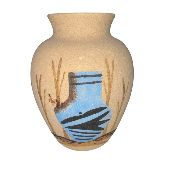 Hand-Painted Native American Navajo Southwestern Sand Art Vase – 6” Tall - Picture 3 of 13